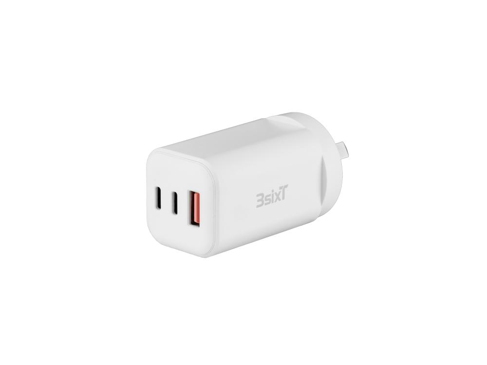 3sixT Wall Charger GaN 65W USB-C PD x 2 + USB-A - White