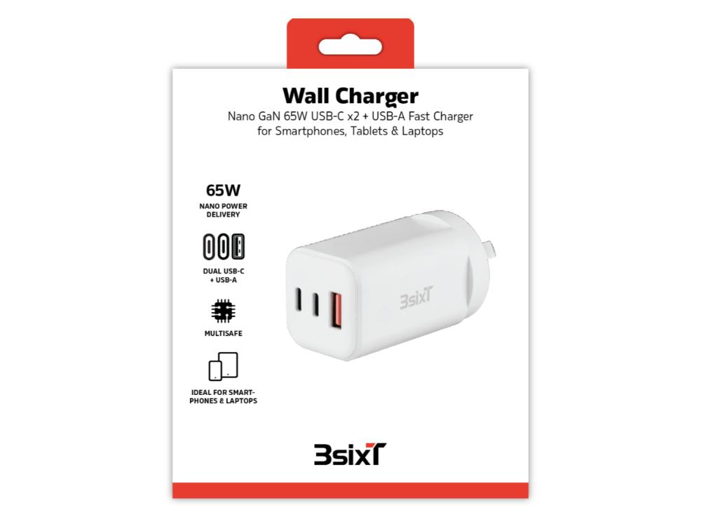 3sixT Wall Charger GaN 65W USB-C PD x 2 + USB-A - White