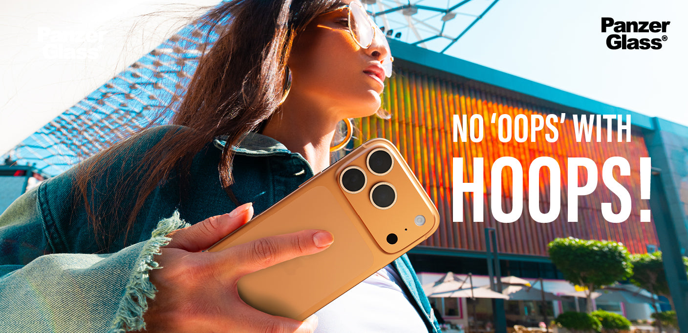 Person holding a phone with Panzer Glass branding and promotional text.