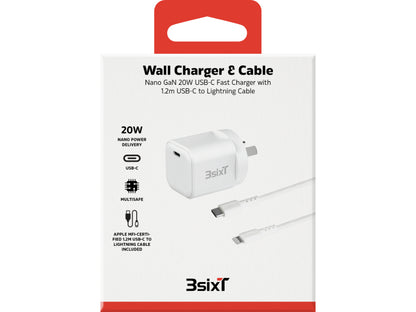 3sixT Wall Charger GaN 20W USB-C PD + USB-C to Lightning - W