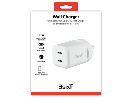 3sixT Wall Charger GaN 35W USB-C PD x2 - White