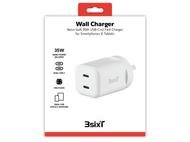 3sixT Wall Charger GaN 35W USB-C PD x2 - White