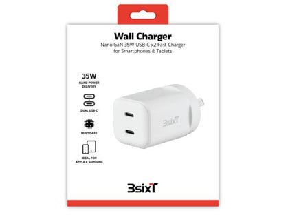 3sixT Wall Charger GaN 35W USB-C PD x2 - White